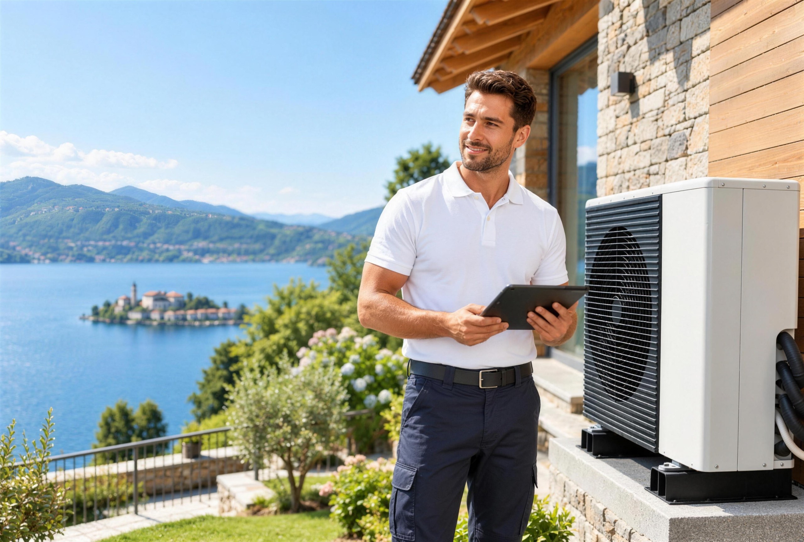 Un tecnico Baboo con il tablet accanto alla pompa di calore di una villetta sul Lago d'Orta