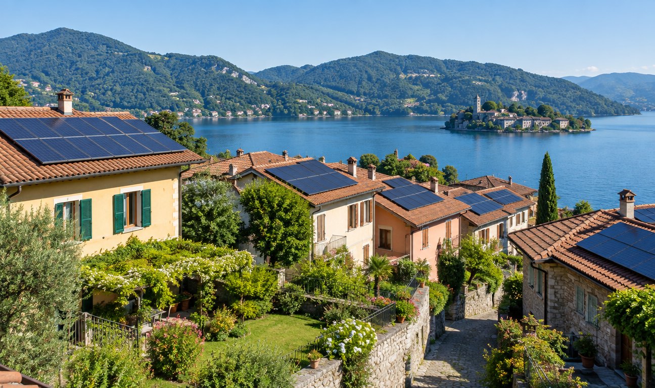 Borgo sul Lago d'Orta con tetti fotovoltaici vicini