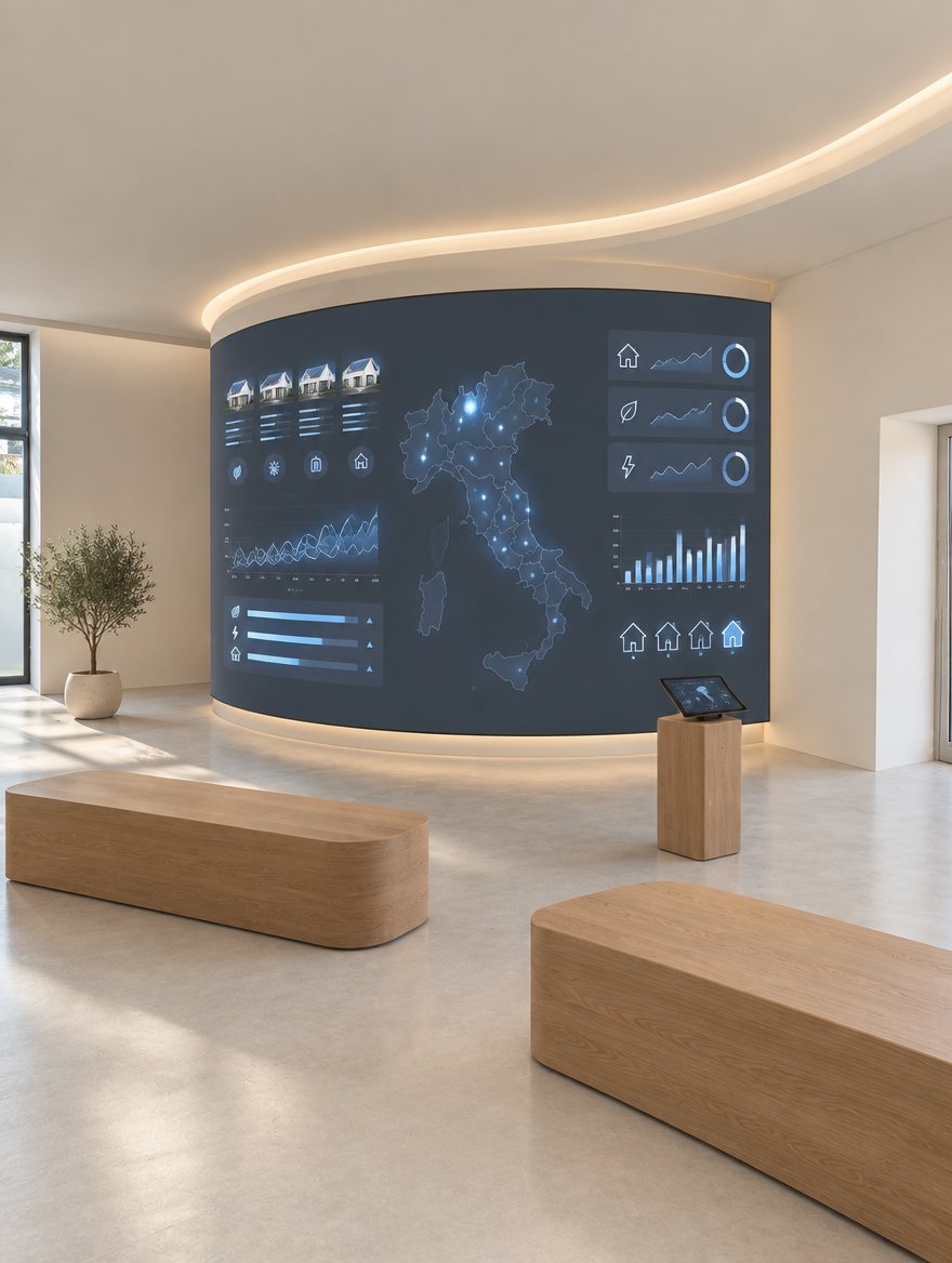 Progetto: la parete curva MONITOR con la mappa degli impianti e i dati