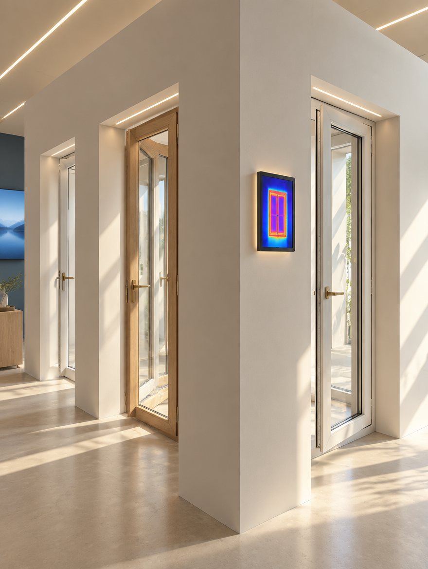 Progetto: tre serramenti da aprire, in legno e in PVC, con la termografia a parete