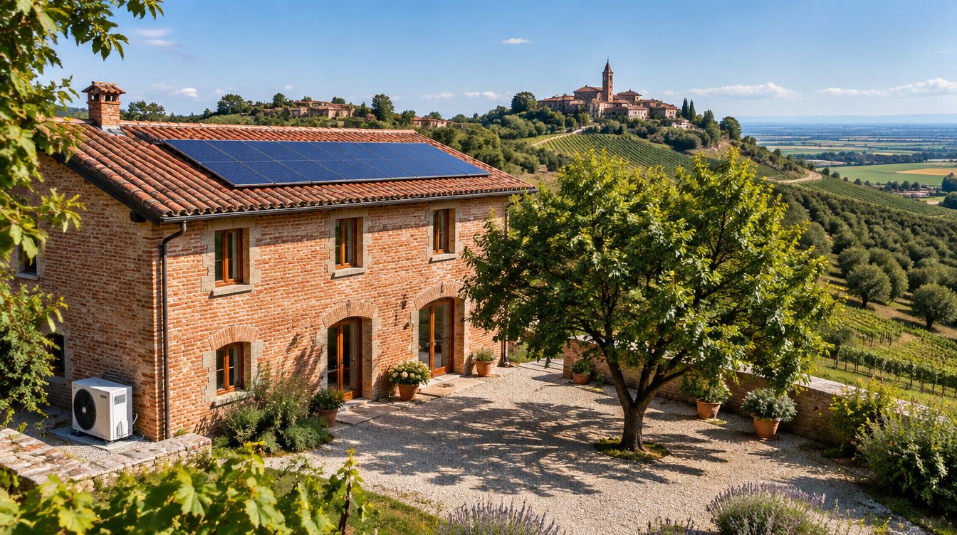 Cascina in mattoni sulle colline del Monferrato casalese con tetto fotovoltaico e pompa di calore