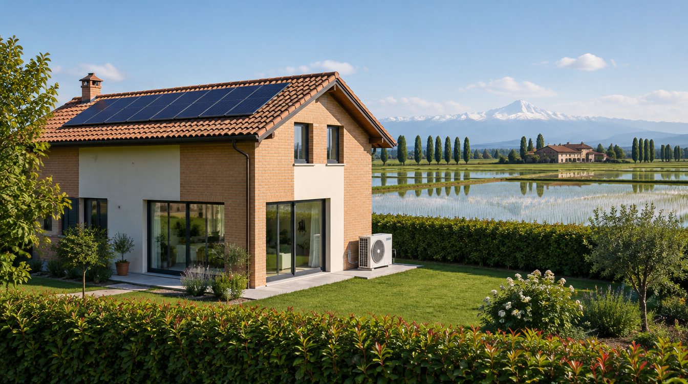 Casa indipendente nella pianura novarese con tetto fotovoltaico e pompa di calore, risaie e Alpi sullo sfondo
