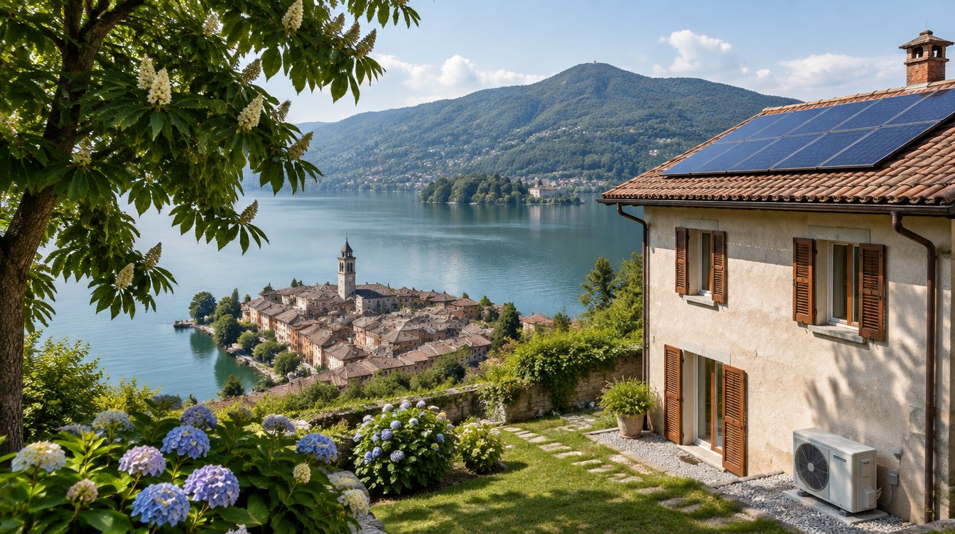 Casa con tetto fotovoltaico e pompa di calore sopra Omegna, con il Lago d'Orta e il Mottarone sullo sfondo, in una mattina di sole