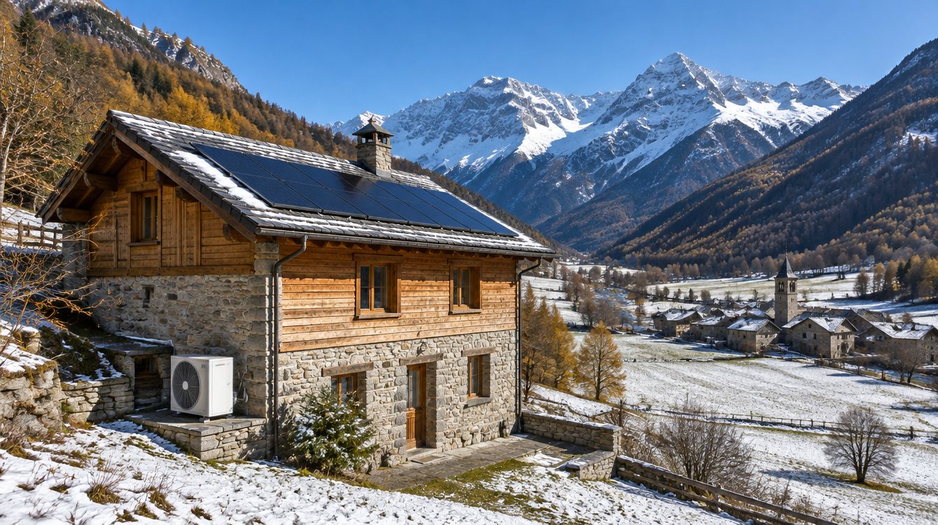 Casa di pietra in una valle dell'Ossola con tetto fotovoltaico e pompa di calore, cime innevate sullo sfondo