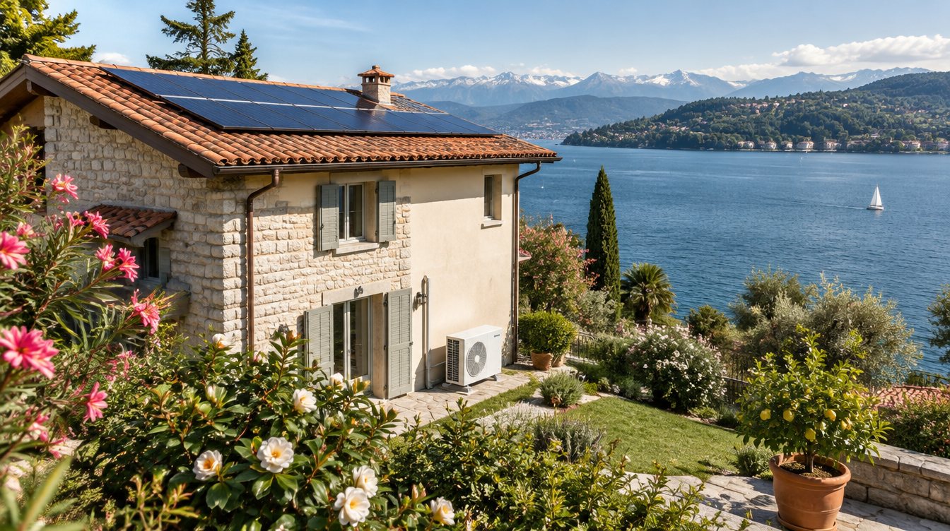 Villa con tetto fotovoltaico e pompa di calore sulla sponda piemontese del Lago Maggiore, in una mattina di sole
