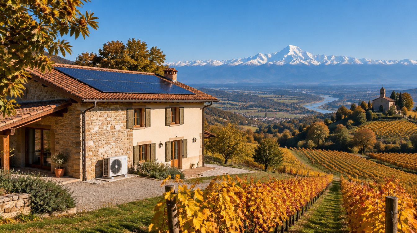 Cascina ristrutturata tra le vigne delle colline vercellesi con tetto fotovoltaico e pompa di calore, Monte Rosa sullo sfondo